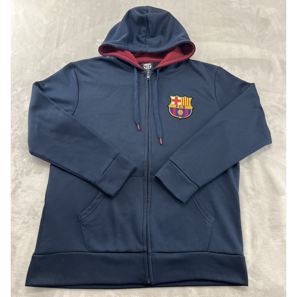 FCB Barcelona Soccer Track Jacket Men Large Navy Fleece Full Zip Lined Hooded